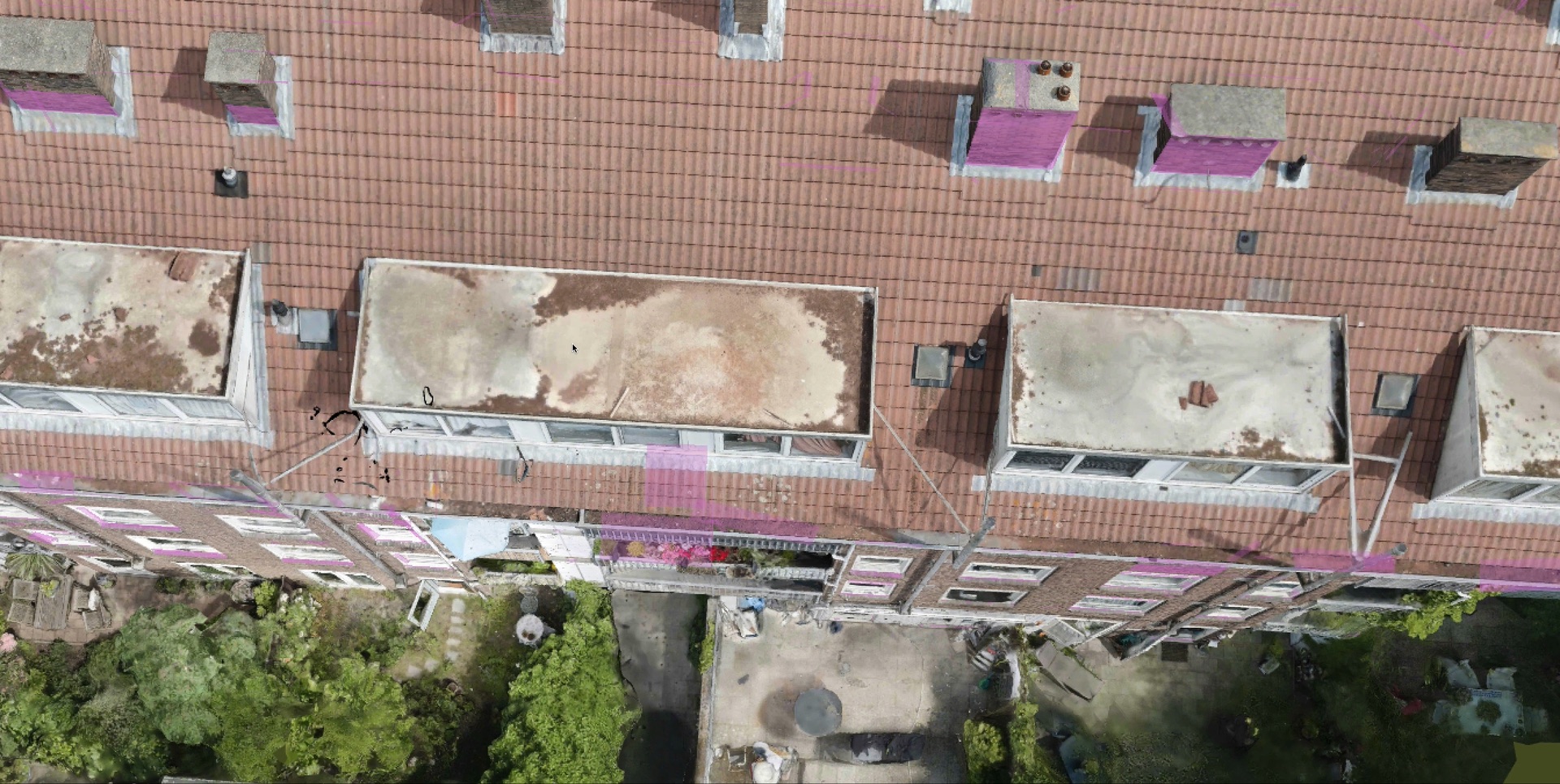 Aerial drone view of residential rooftops