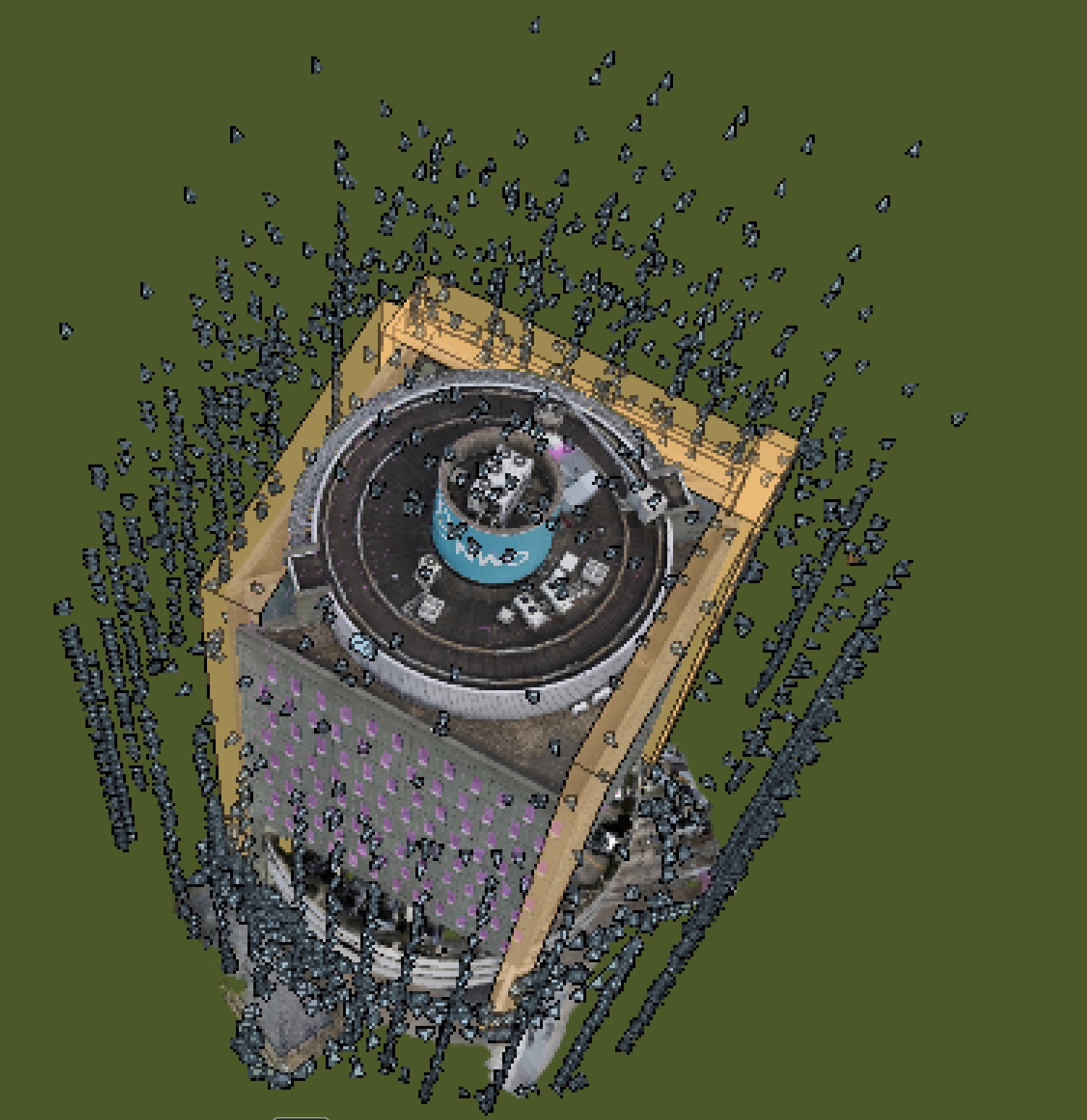 Aerial point cloud showing drone camera positions during building capture