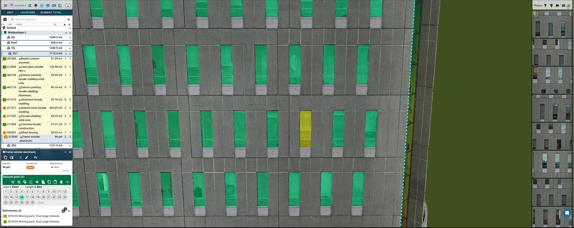 Aespect defect detection interface showing categorized building issues