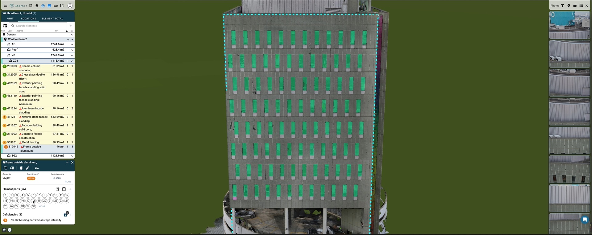 Aespect platform showing building inspection with defect annotations